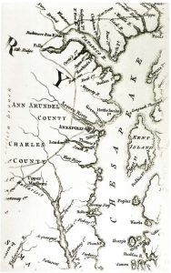 Map showing the location of the Londontowne Ferry, just south of Annapolis Maryland